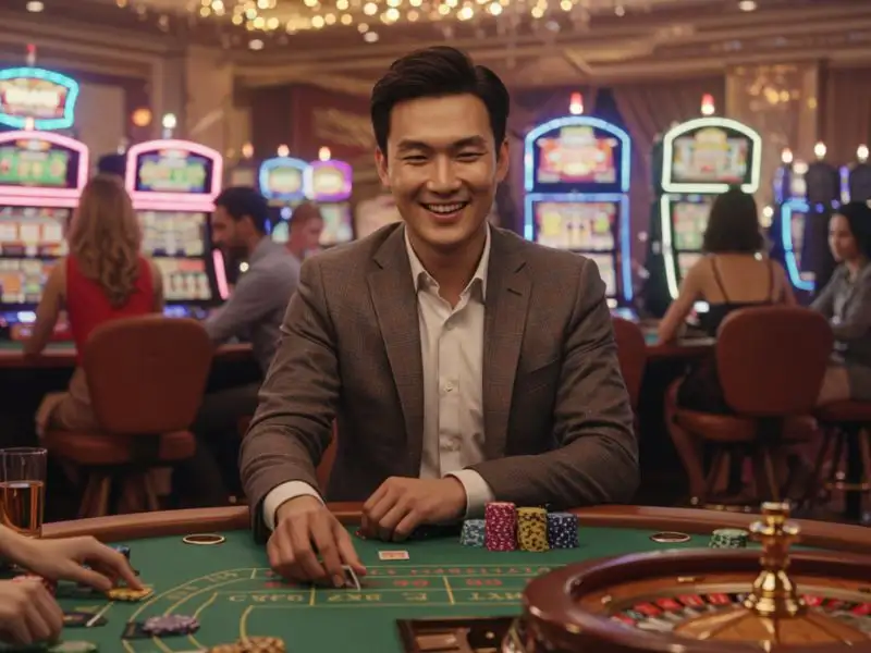 Excited man playing roulette after accessing the platform via 999 JILI Casino login.