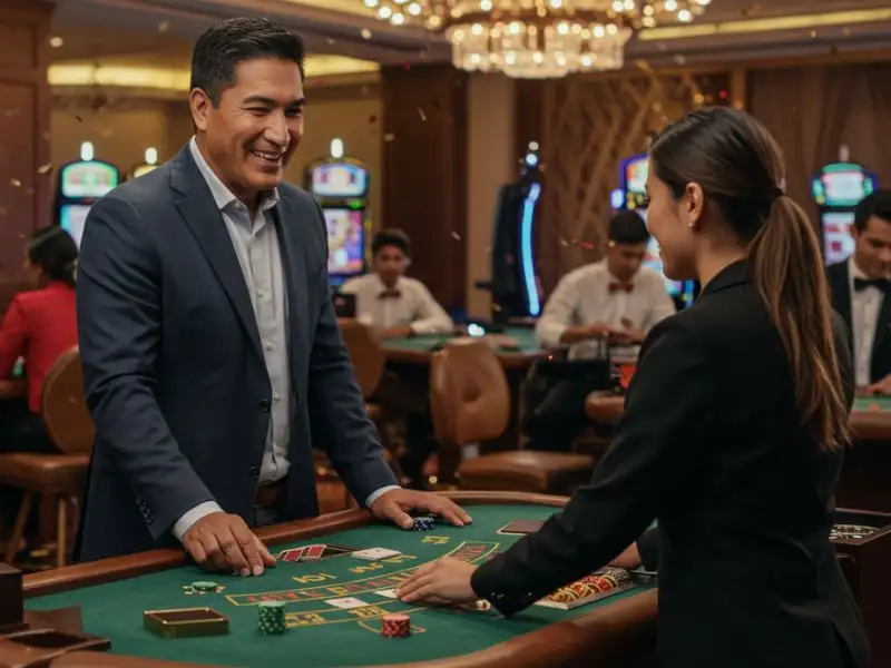 Happy man playing cards at a casino table after signing in through 999 JILI Casino login.