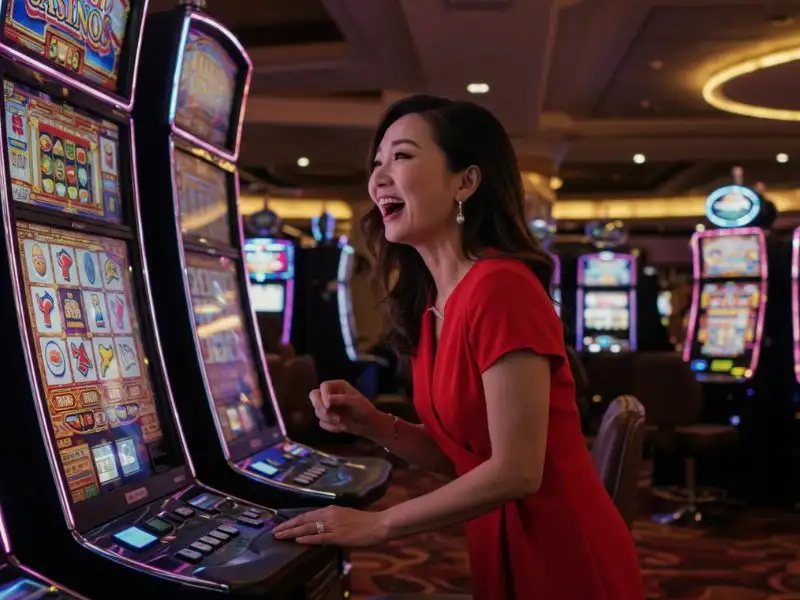 Pretty lady playing slot machines after logging in through 999 JILI Casino login.
