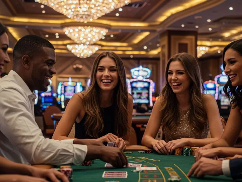 Group of friends happily playing cards together at a casino, enjoying the excitement of bet888 mobile.