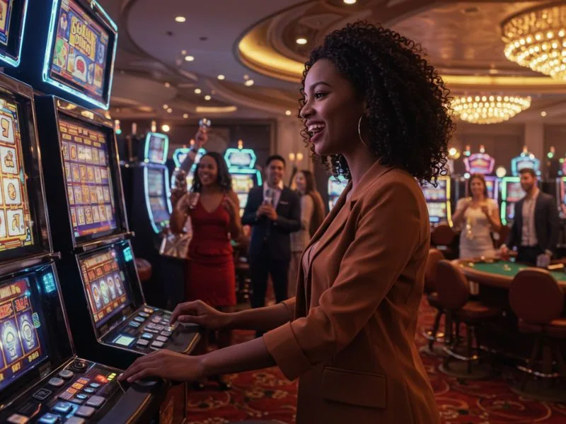 Lady trying her luck on a slot machine at a casino, enjoying the experience with bet888 mobile.