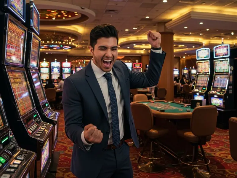 Man cheering excitedly in a casino, celebrating a win with bet888 mobile.
