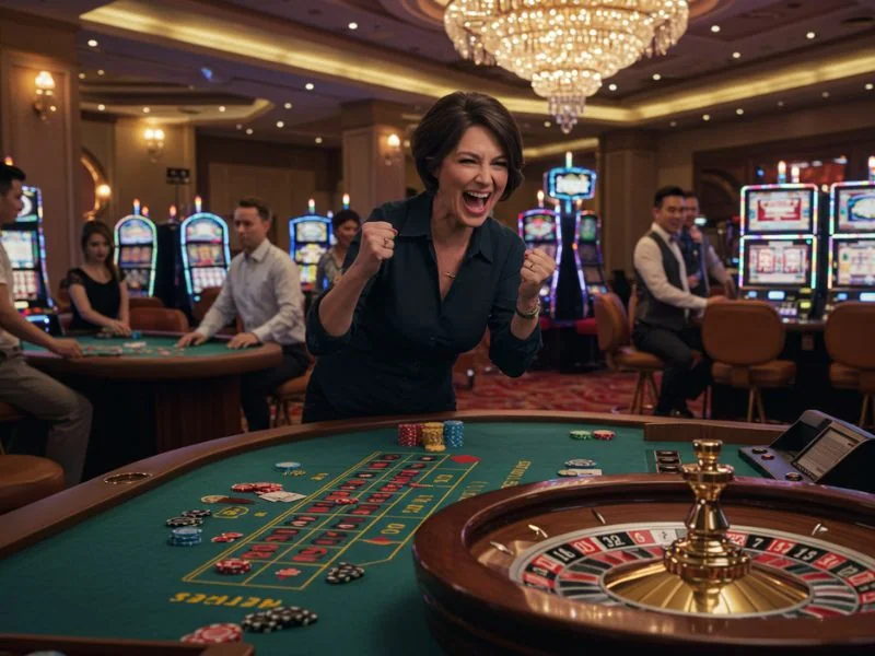 Woman celebrating a roulette win excitedly at a casino with bet888 mobile.