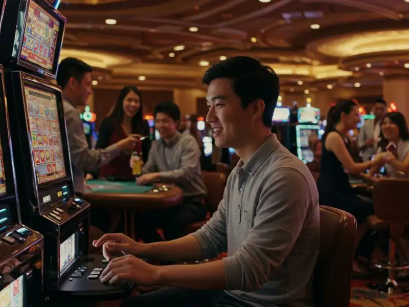 An excited man playing slot machines, enjoying the gaming experience with Bingo Plus GCash.