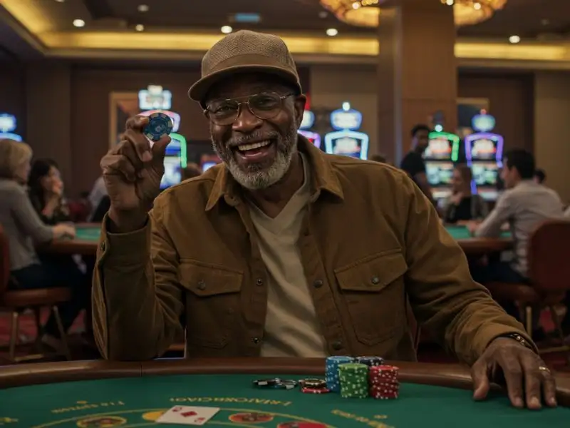 A happy old man holding a casino chip, enjoying his win with Bingo Plus GCash.