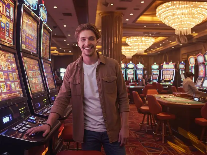 A happy man smiling and posing beside slot machines, showing his support for Bingo Plus GCash.