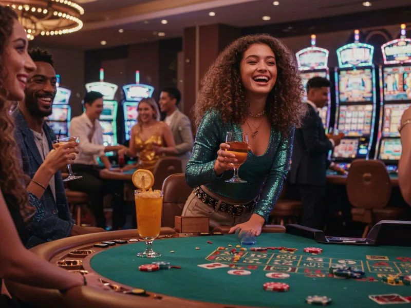 Group of friends laughing, betting on roulette, and enjoying drinks, with a casino online bonus adding excitement.