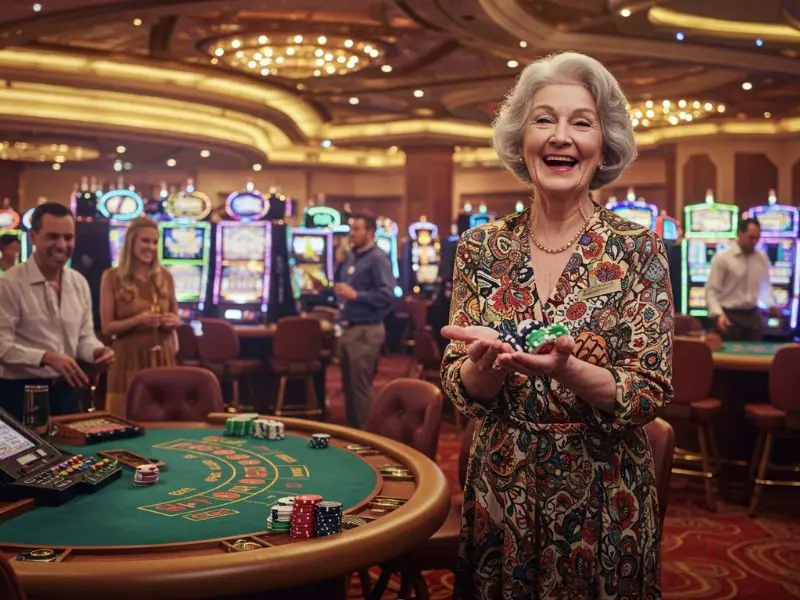 Old lady posing with poker chips in hand, enjoying a casino online bonus.