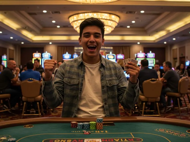 Teen cheering while holding poker cards, excited by a casino online bonus.
