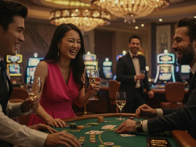 Group of friends having fun playing poker at the casino, with CCZZ casino login enhancing their experience.