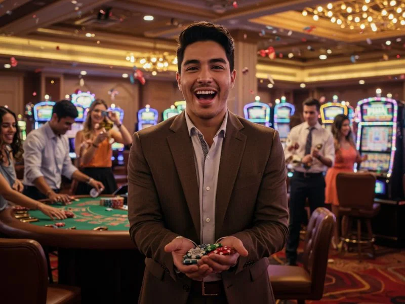 Young man proudly displaying colorful poker chips after accessing the game through CCZZ casino login.