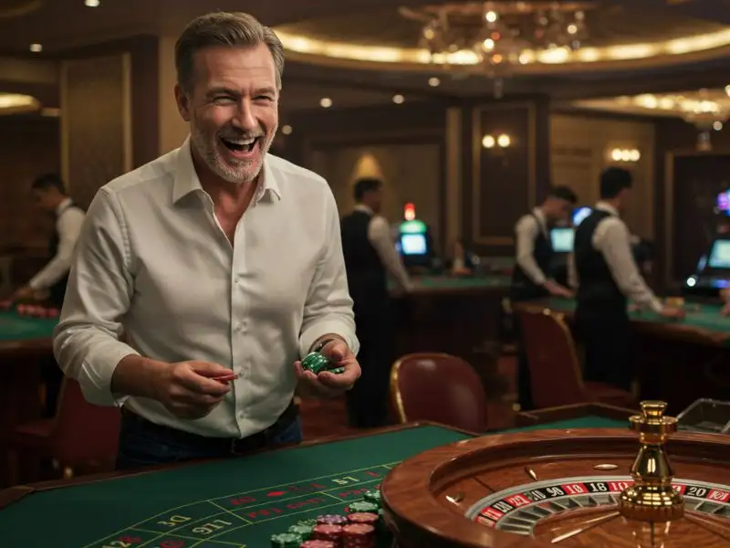 Excited old man playing roulette after signing in through escala gaming88 login.