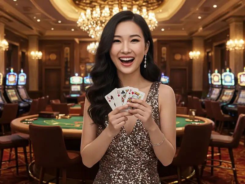 Pretty woman holding playing cards confidently after accessing escala gaming88 login.