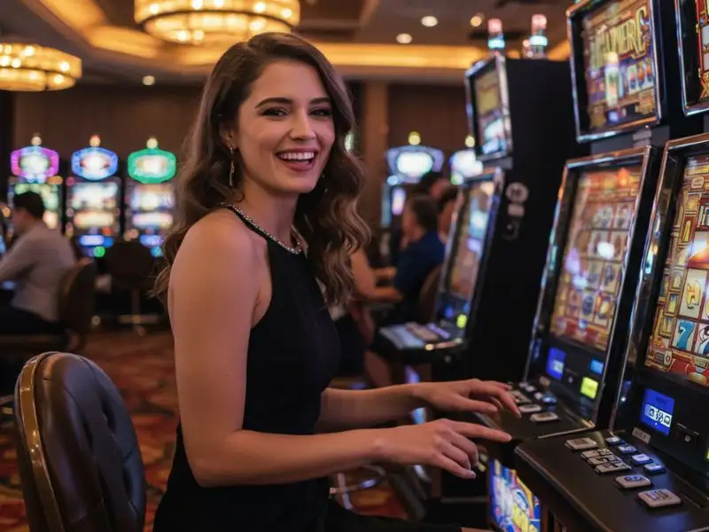 Pretty woman enjoying slot machine gameplay after using escala gaming88 login.