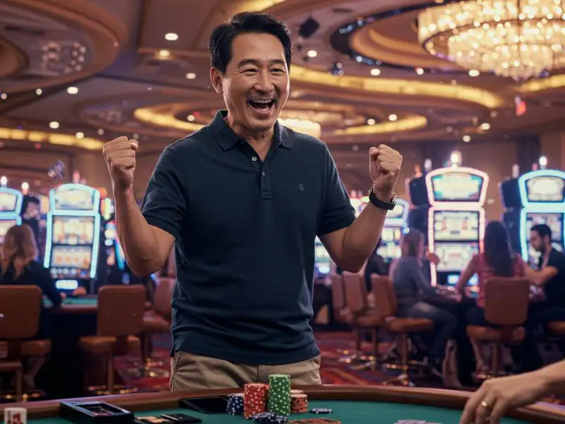 Happy man celebrating a big win while playing at extremegaming88.