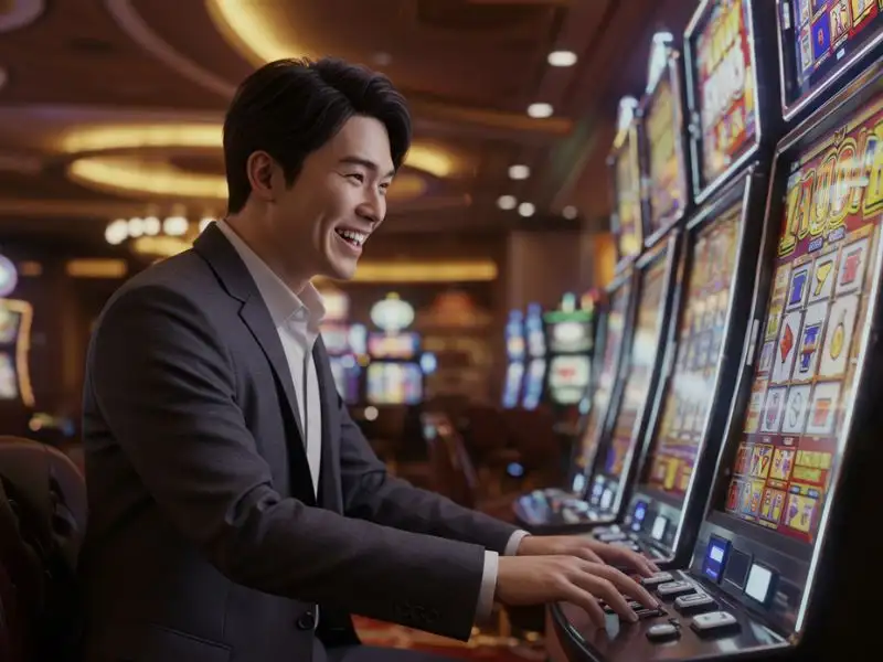 Happy young man playing slot machines and enjoying the thrill at extremegaming88.