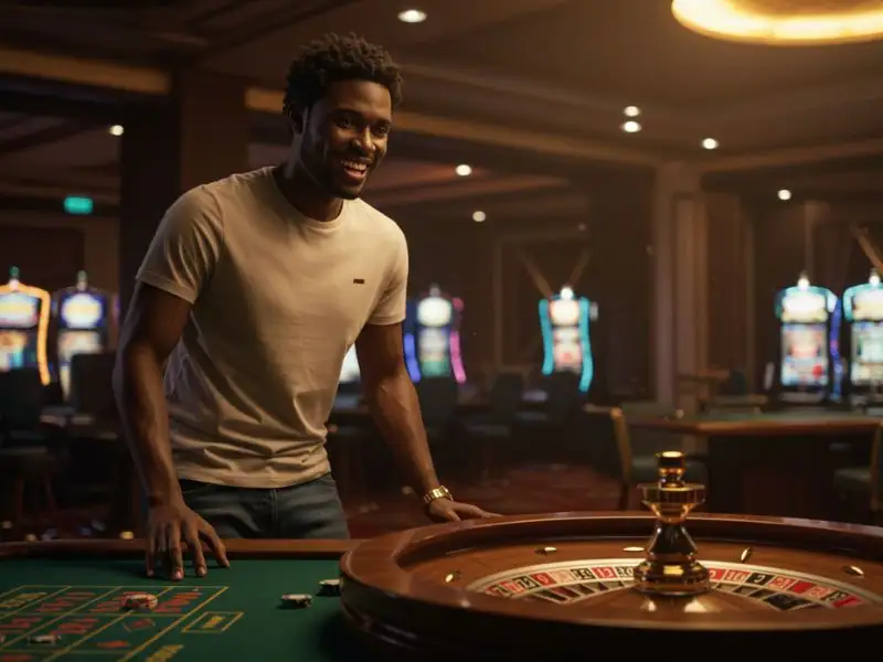 Smiling man at a roulette table enjoying a win at extremegaming88.