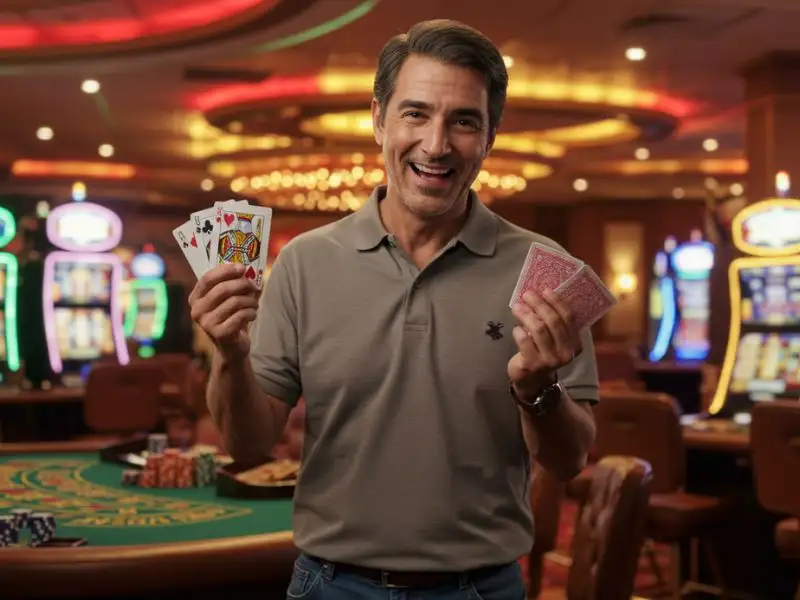 Smiling man holding playing cards in a winning pose, representing extremegaming88.