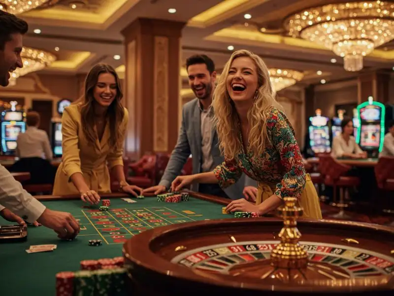 A group of friends laughing and enjoying a game of roulette, having fun with a free sign up bonus.