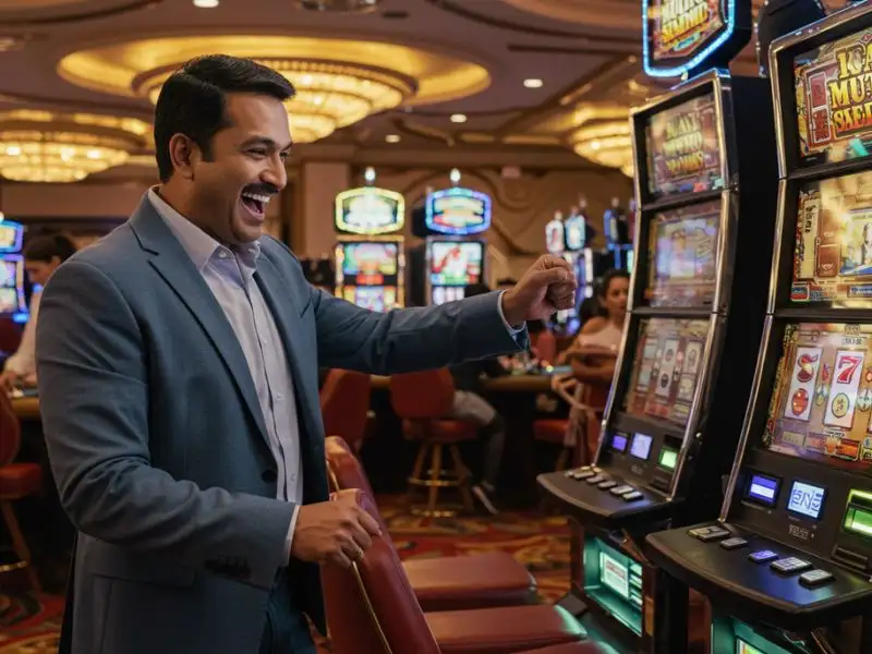 A man celebrating a big win at a slot machine, enjoying his jackpot with a free sign up bonus.