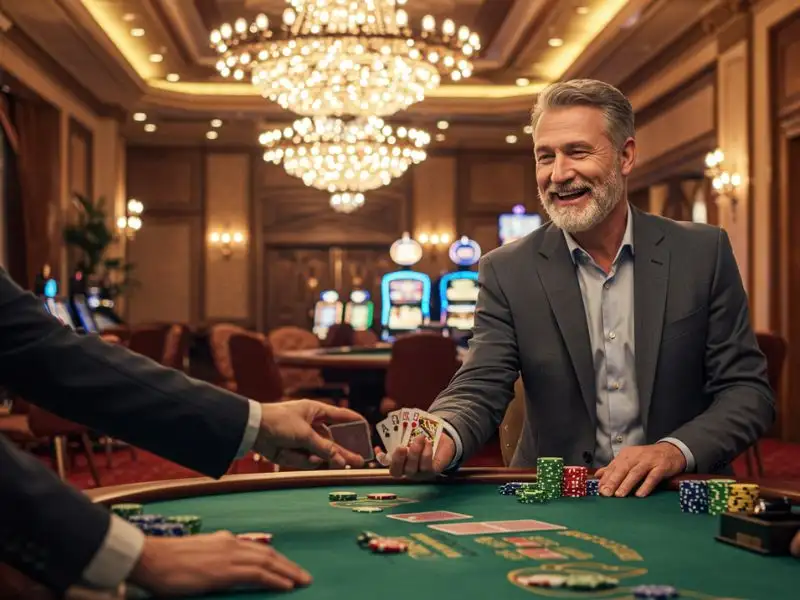 An older man thoughtfully checking his cards at a poker table, using a free sign up bonus to play.