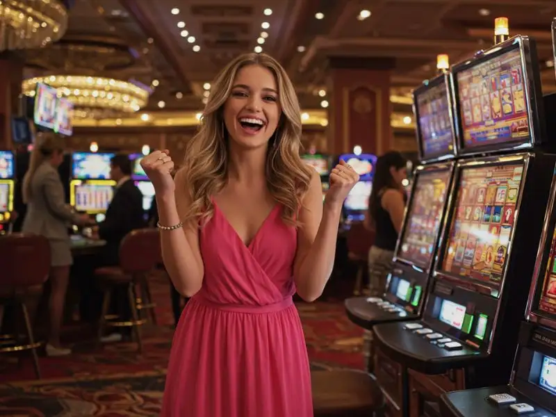 A young girl posing beside slot machines, highlighting the fun of playing with a free sign up bonus.