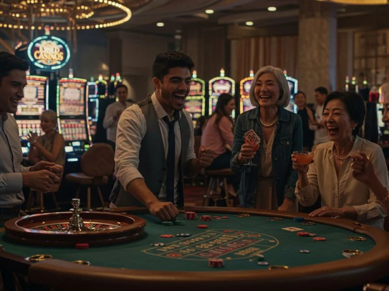A group of friends laughing and enjoying a game of poker, having fun with Bingo Plus GCash.