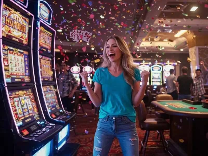 Happy teen celebrating a slots win at a legit online casino philippines.