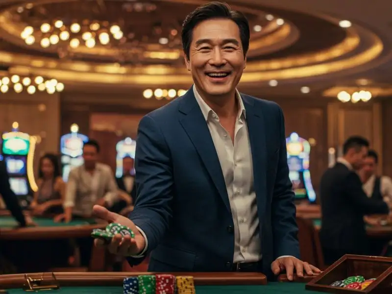 Smiling old man holding casino chips at a legit online casino Philippines.