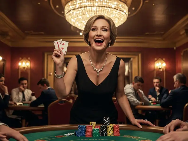 Confident woman holding playing cards at a legit online casino Philippines table.