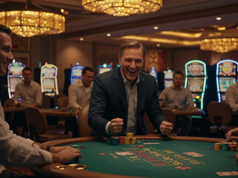 Guy cheering at the poker table while playing, after an online casino login.