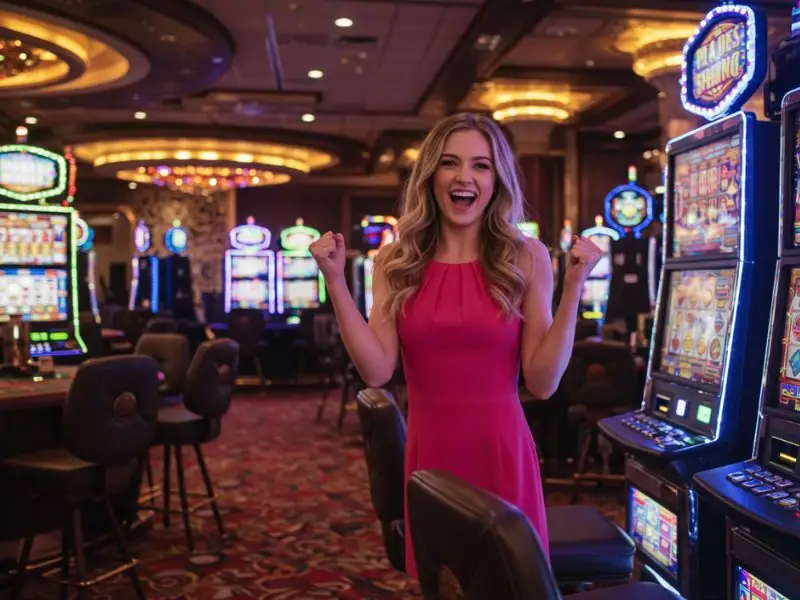 Female player posing for a photo near slot machines in a casino with online sabong live backdrop.
