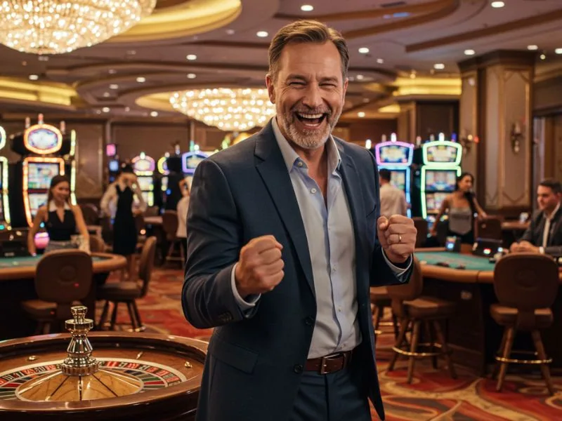 Guy cheering in a casino while participating in an online sabong live game.