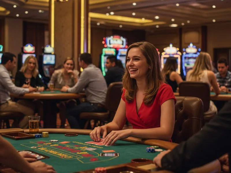 Lady playing poker happily in a casino during an online sabong live game.