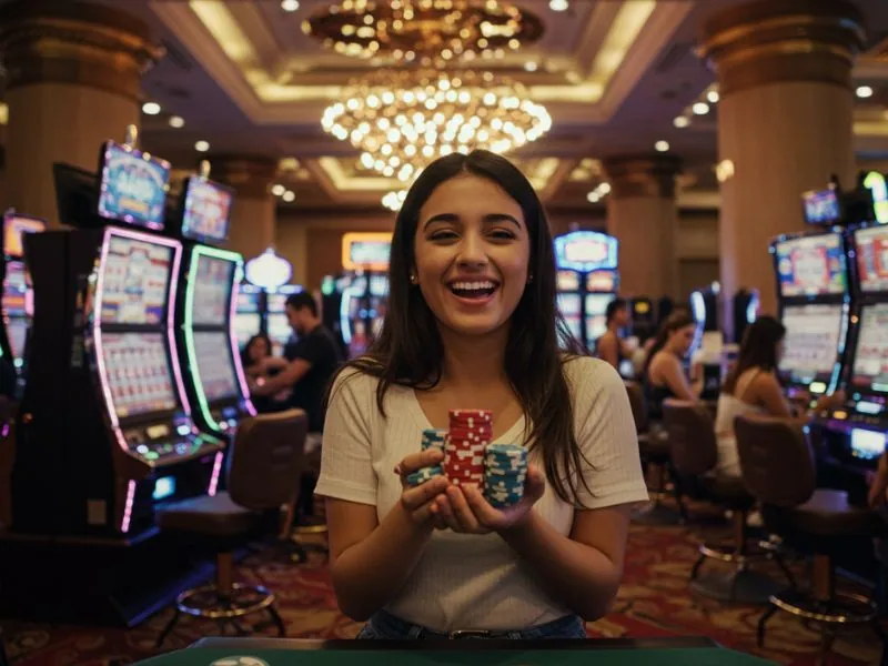 Smiling teen holding poker chips while enjoying an online sabong live game.