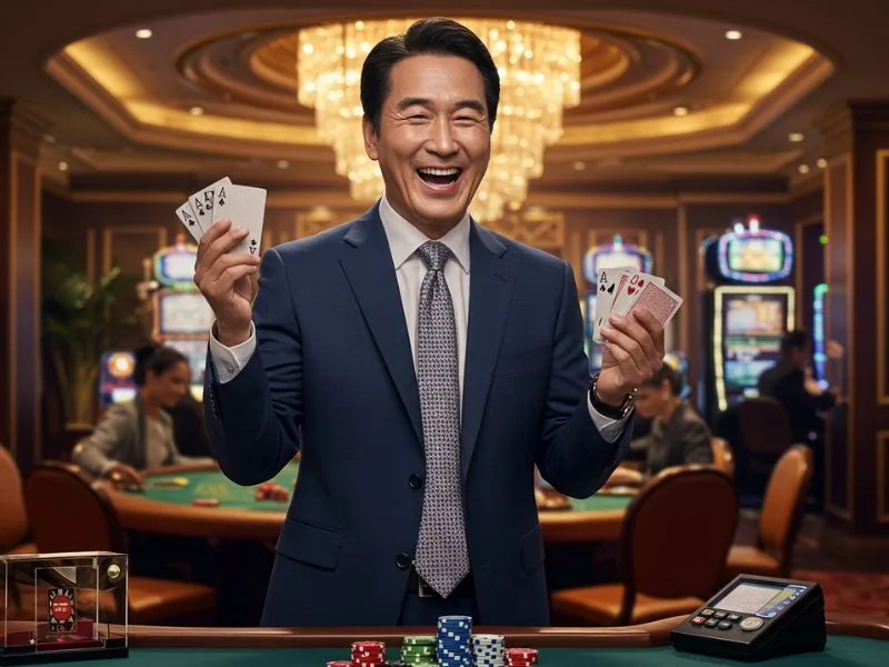 Man standing at poker table casually holding cards at ph cash casino