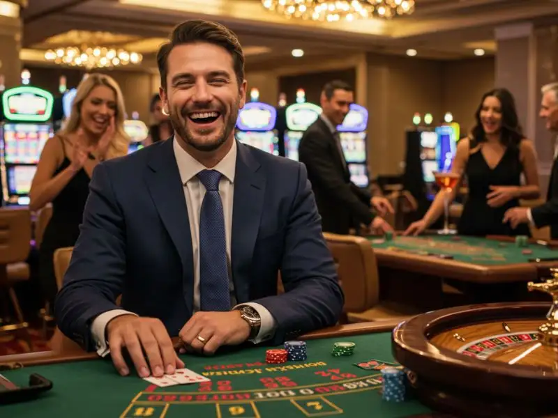 A happy man showing his poker cards at a table, enjoying the game on PHGaming Free 88.