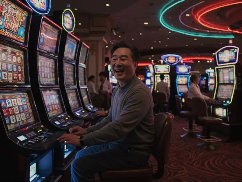 An older man playing a slot machine, enjoying the experience on PHGaming Free 88.