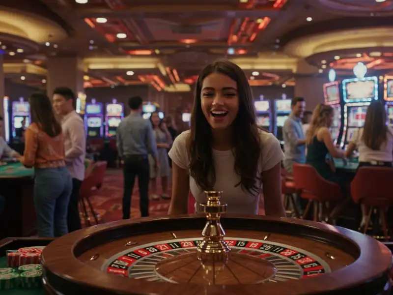 A pretty teen girl looking intently at a roulette table, symbolizing excitement and strategy in online gaming on PHGaming Free 88.