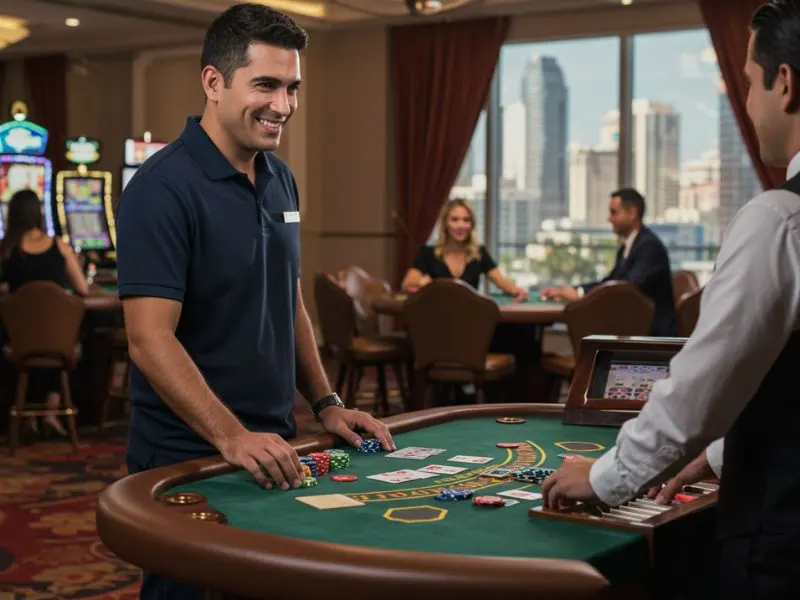 Smiling man standing at a poker table, looking at the dealer inside Phil Win Casino.