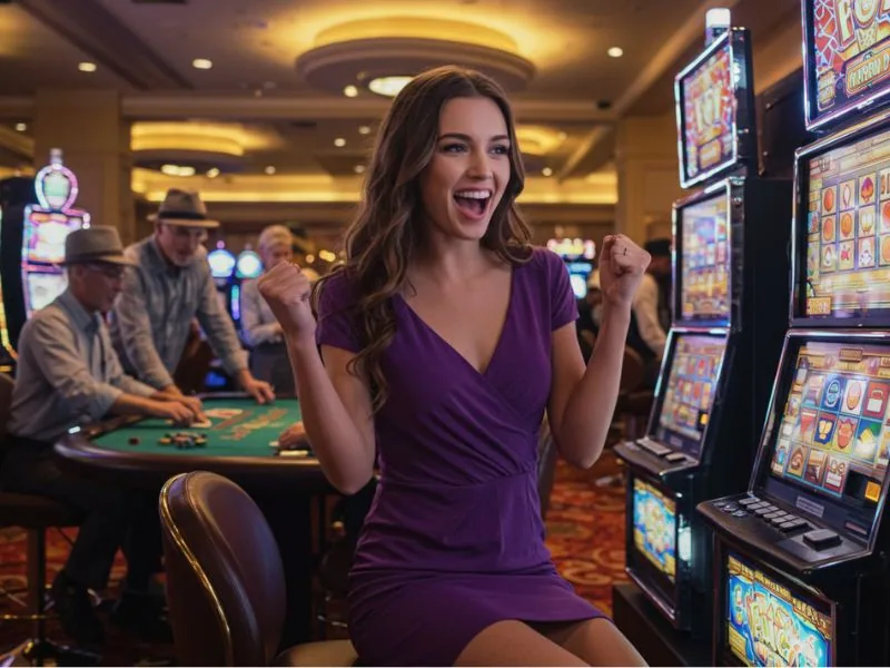 Teen girl cheering excitedly after hitting a jackpot on a slot machine at Phil Win Casino.