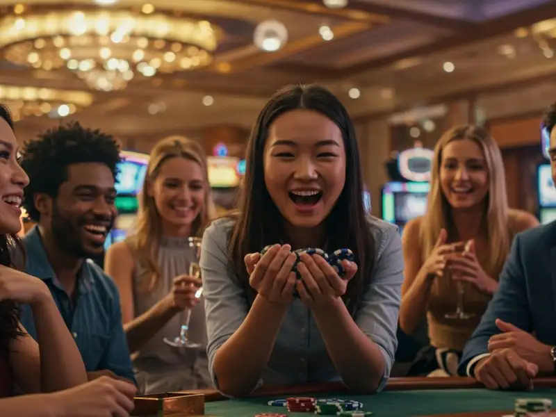 Woman playing casino games with friends at a lively table on portal PAGCOR PH.