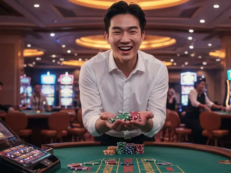 Young man betting casino chips during an intense game on portal PAGCOR PH.