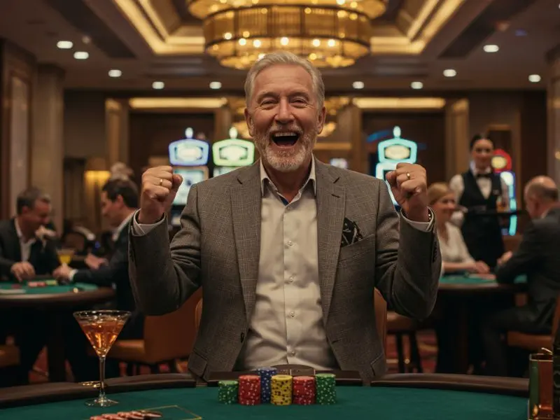 Happy senior man sitting at a poker table with chips – xtreme gaming
