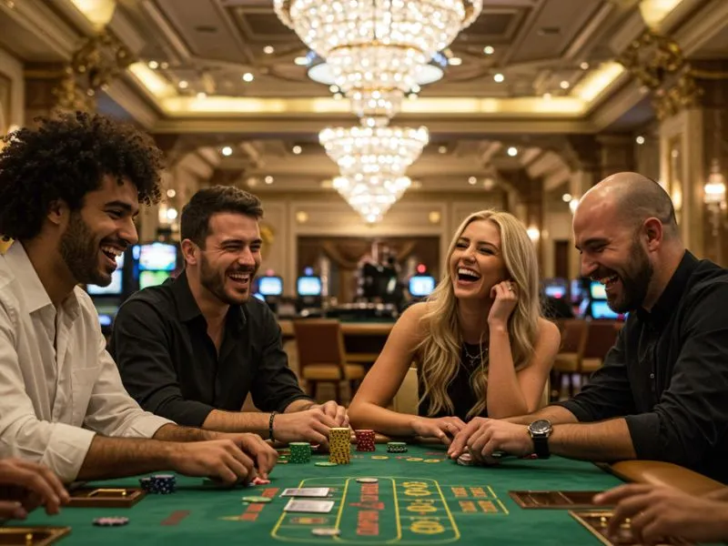 Friends laughing and enjoying a poker game together at 1Plus PH Casino online platform.