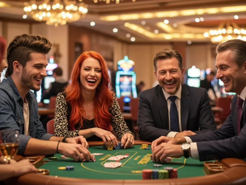 Girl winning a poker game against three men at 1Plus PH Casino table.