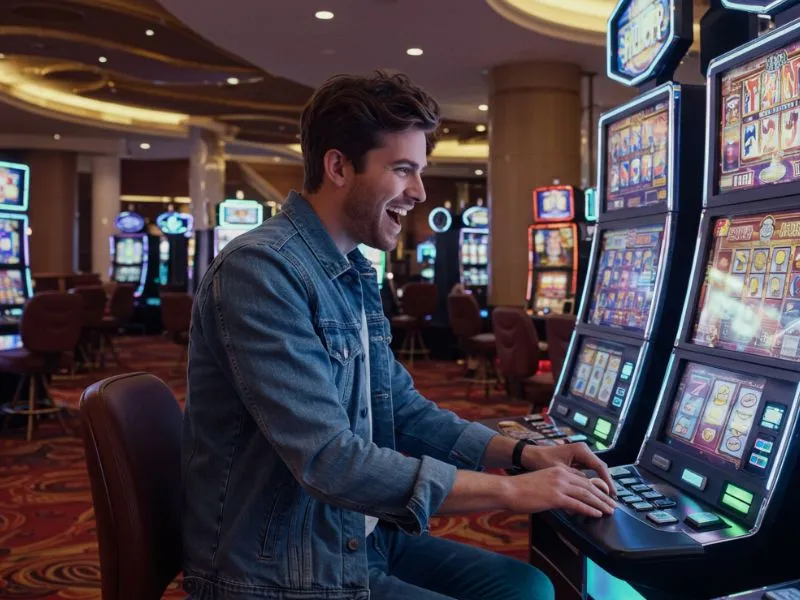 Man playing slot machine alone at 1Plus PH Casino online platform.