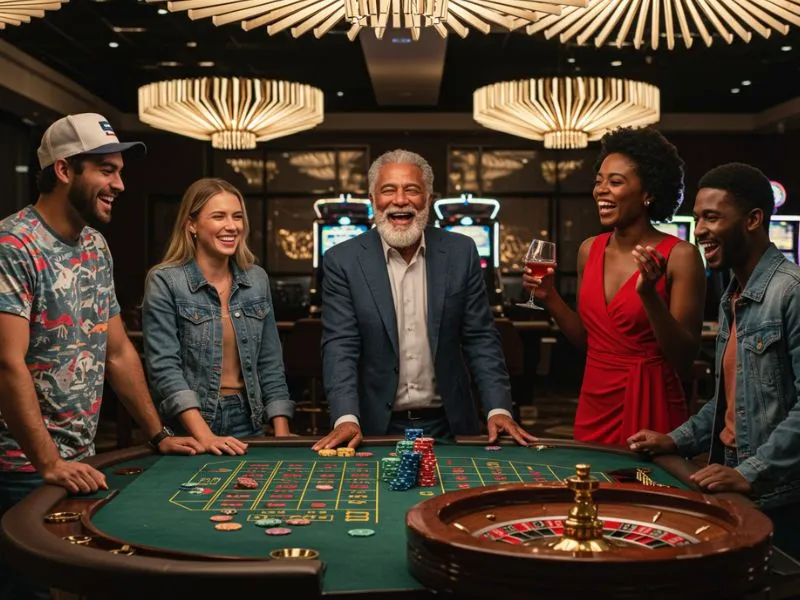 Old man playing poker with young people at 1Plus PH Casino.