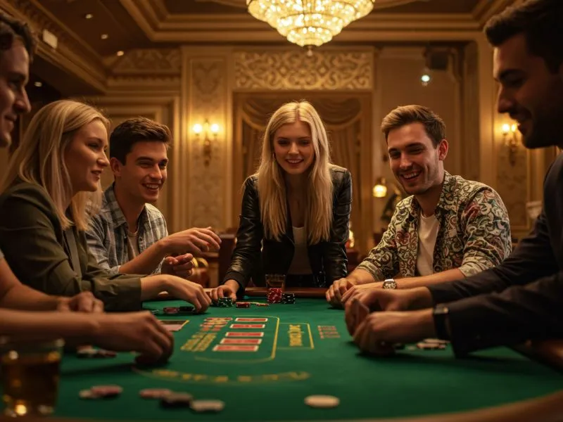 Group of friends cheering and playing poker at 55 BMW Casino Login PH.