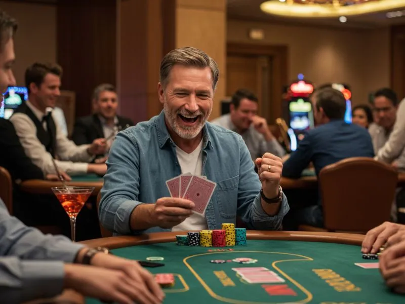 Old man smiling while playing poker at 55 BMW Casino Login PH.